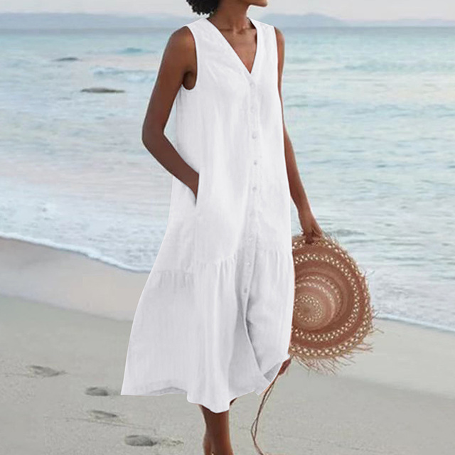 Flowy sleeveless V-neck midi dress for women, featuring a stylish button-front and comfortable tiered design.