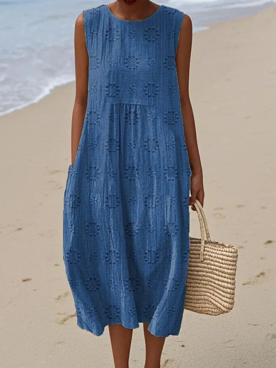 Versatile women's midi dress, sleeveless & round neck. Ideal for casual elegant everyday summer wear. Comfortable fit.