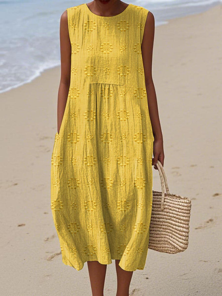 Elegant women's sleeveless midi dress. Round neck, flowy casual style for comfortable summer & everyday wear.
