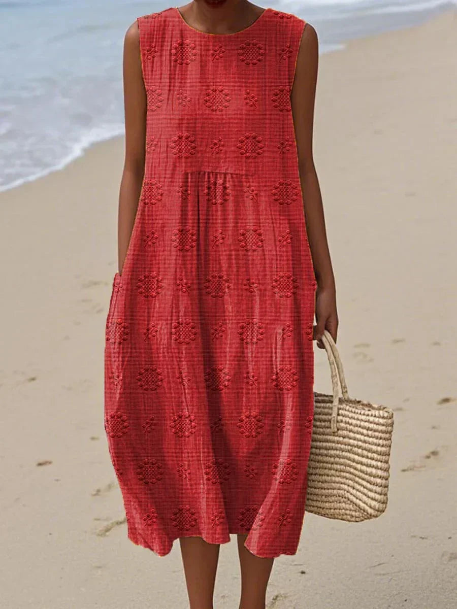 Round neck sleeveless midi dress for women. Elegant casual style, comfortable & flowy, perfect for summer days.