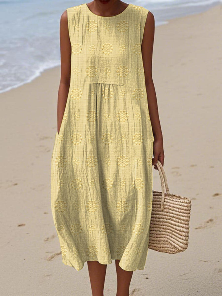 Casual elegant women's sleeveless midi dress with a round neck. Comfortable, flowy, and versatile for summer.