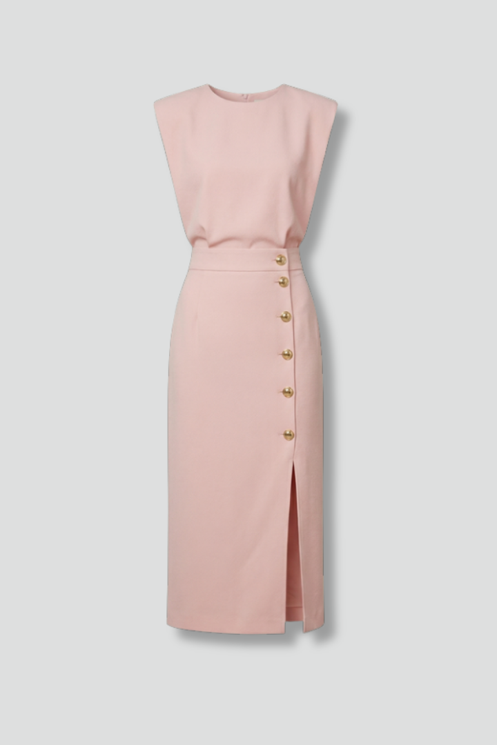 Women's sleeveless midi dress with round neck, chic side button slit. Elegant for spring/summer style.
