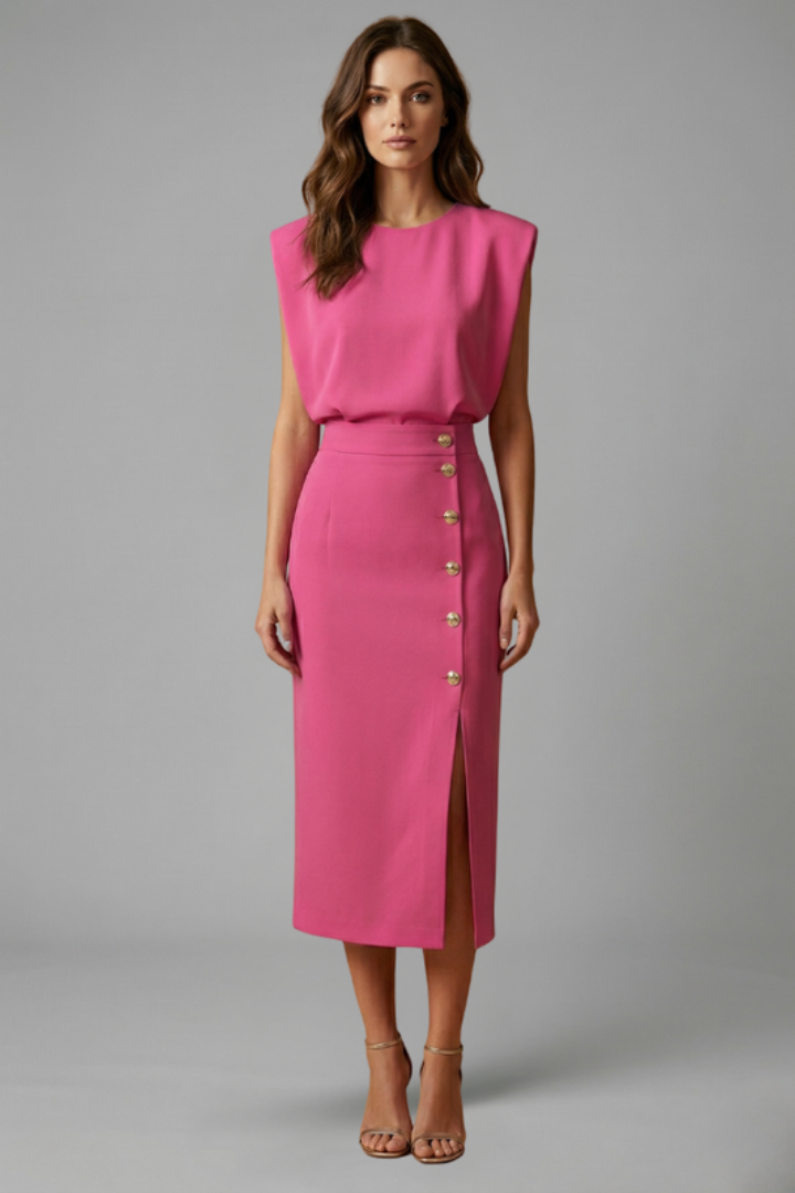 Smooth solid color women's sleeveless midi dress, round neck, with a fashionable side button slit detail.