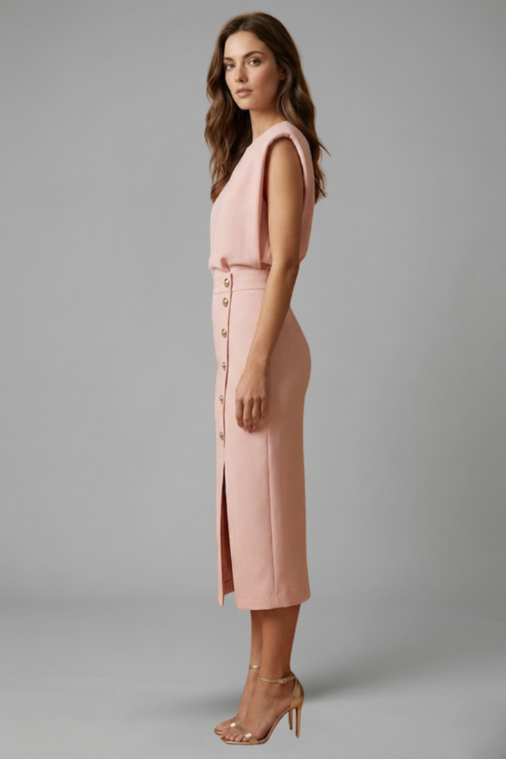 Flattering women's midi dress featuring a stylish side button slit. Versatile for casual or elegant wear.