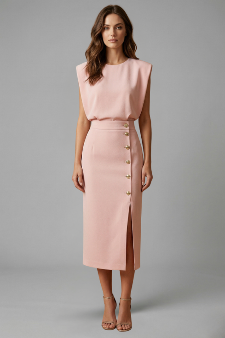 Versatile women's sleeveless midi dress. Elegant for events, casual for everyday. Side button slit detail.