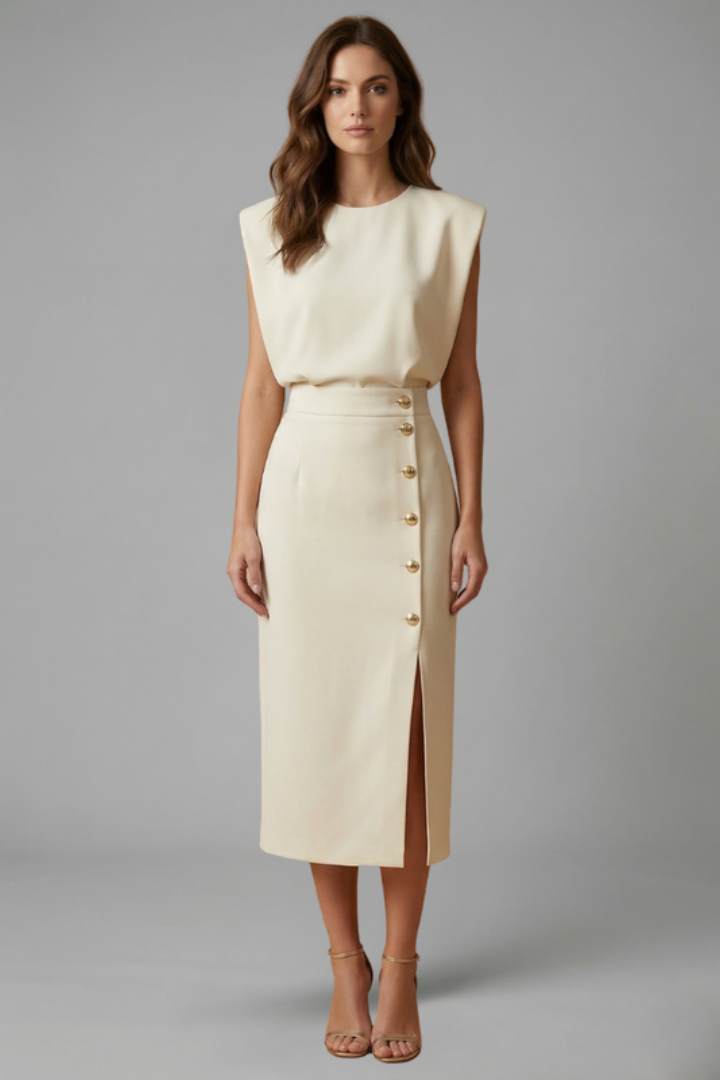 Close-up of side button slit on a women's sleeveless midi dress, highlighting chic detail & quality fabric.