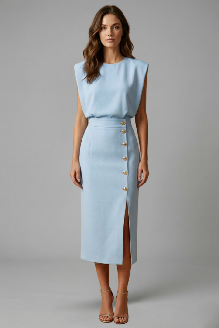 Woman modeling a chic sleeveless midi dress with round neck & stylish side button slit for versatile wear.
