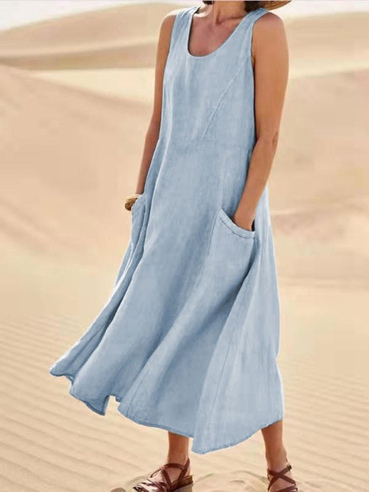 Women's summer fashion sleeveless midi dress, scoop neck & pockets. Comfortable A-line fit for daily wear.