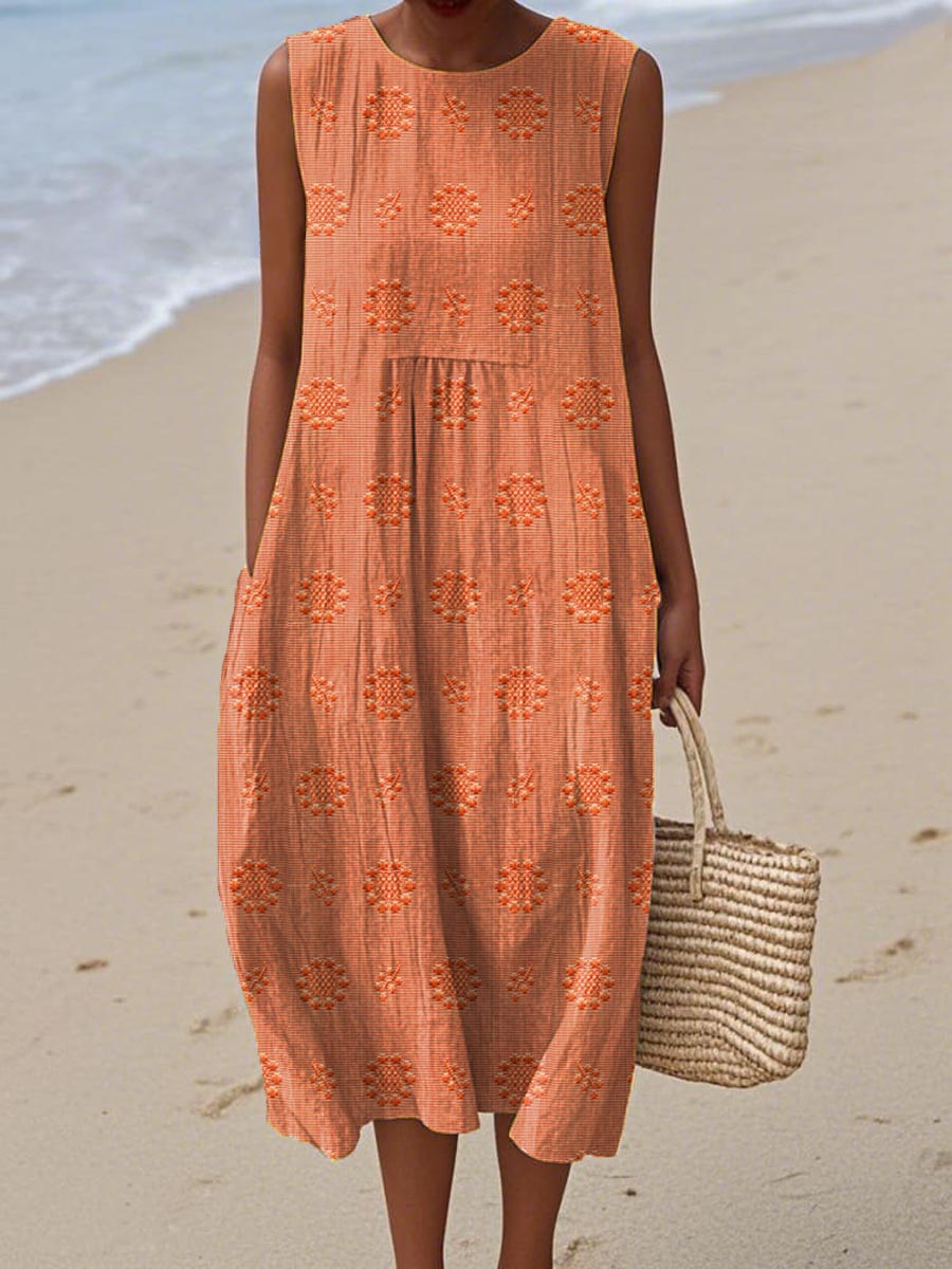 Versatile women's sleeveless summer midi dress with pockets, great for casual, everyday, or vacation outfits.