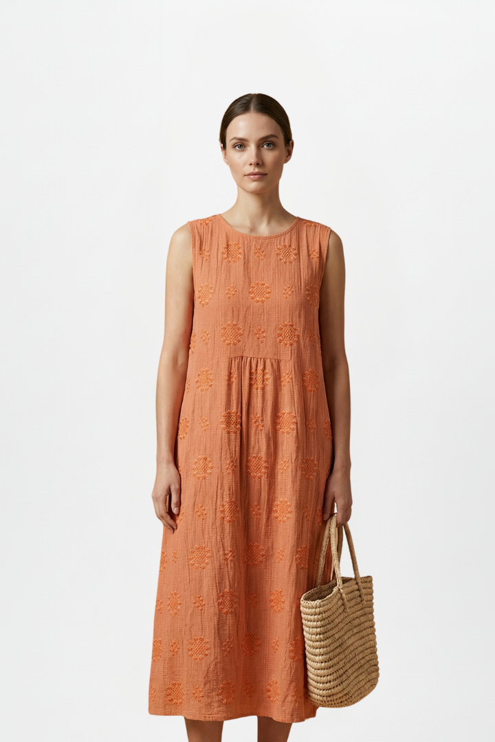 Everyday women's sleeveless midi dress, round neck, textured pattern, comfy for casual spring outfits.