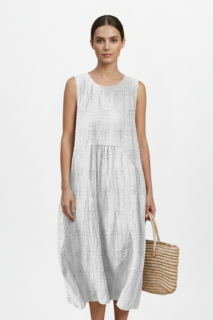 Trendy women's sleeveless midi dress, round neck, textured pattern, a staple for versatile spring fashion.