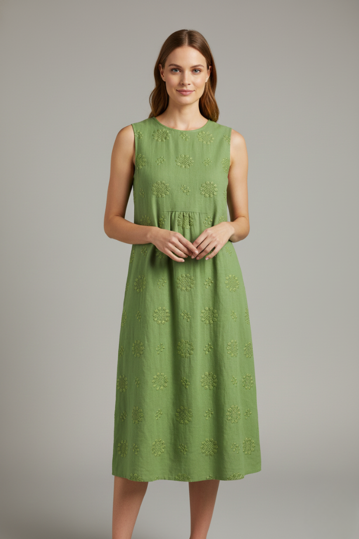 Comfortable women's sleeveless midi dress, round neck with textured pattern, versatile for spring & summer.