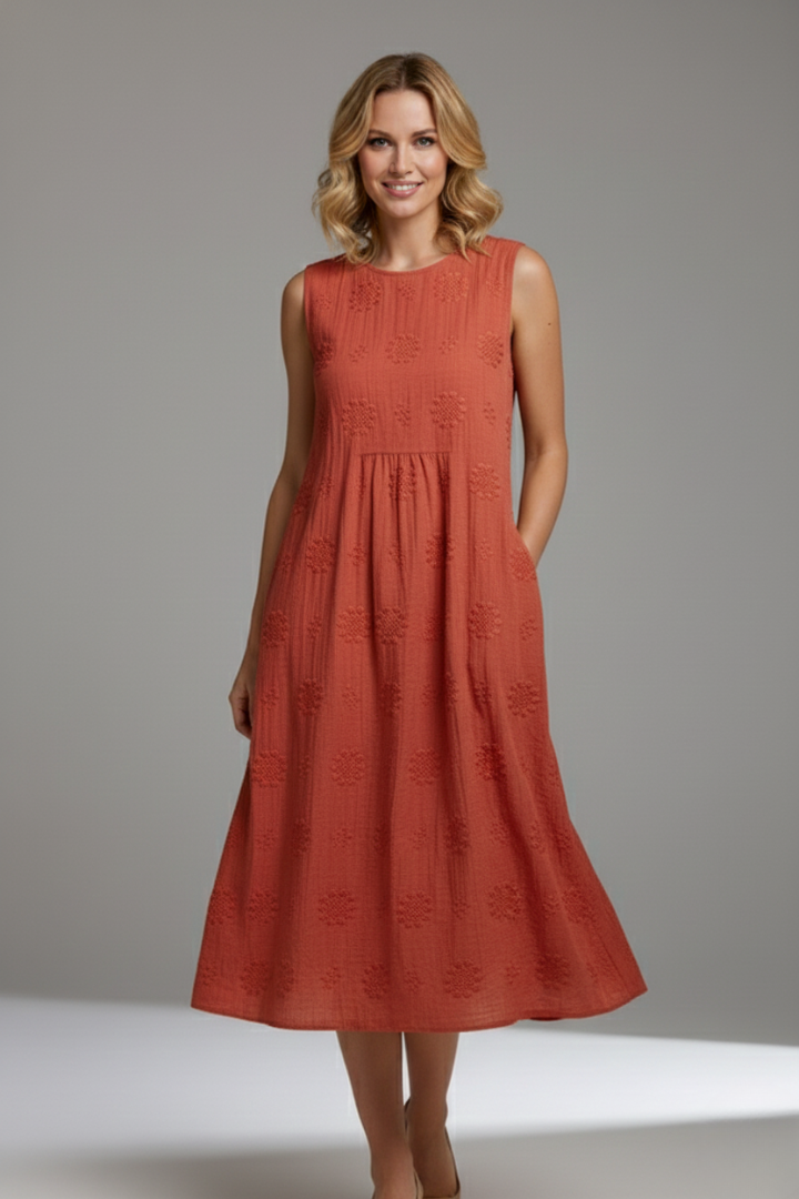 Casual women's sleeveless round neck midi dress with a lovely textured pattern, ideal for daily wear.