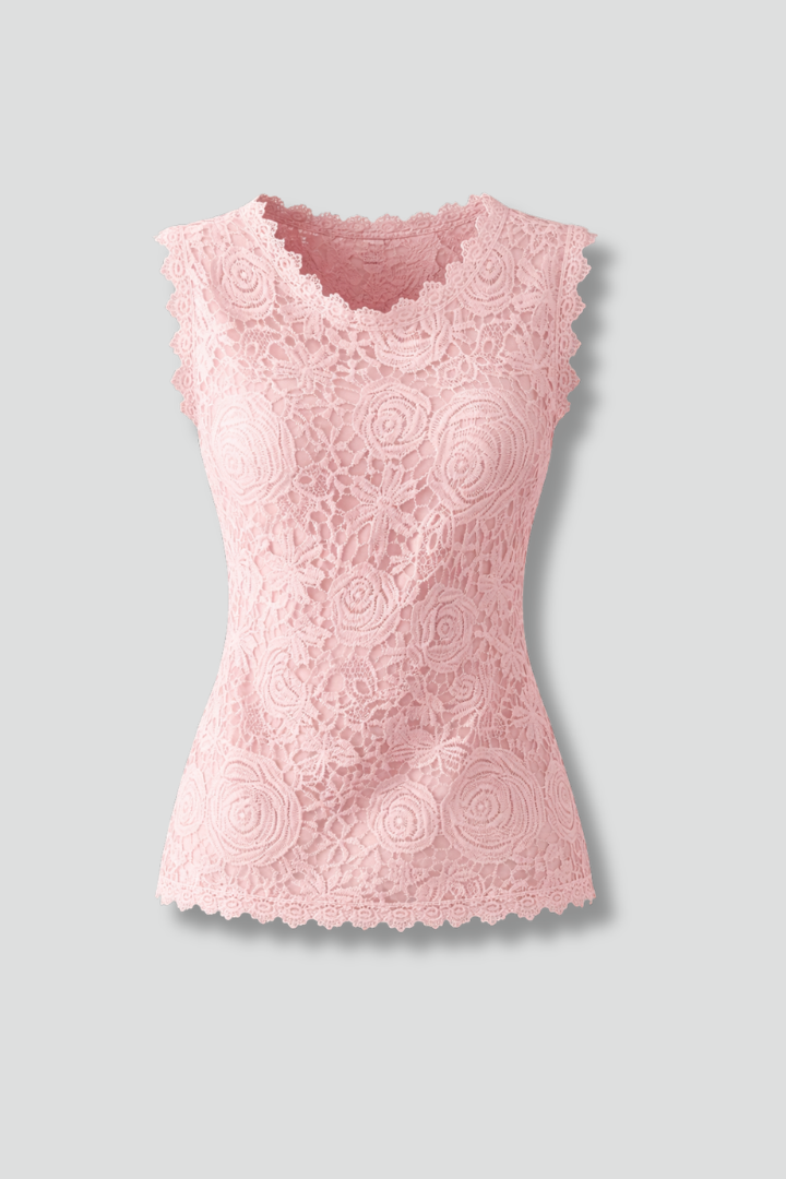 Women's sleeveless V-neck blouse with elegant floral lace design. Perfect summer top for chic style.