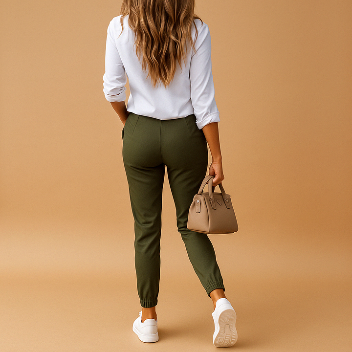 Smart women's slim fit chino trousers, featuring stretch fabric for all-day office comfort & style.