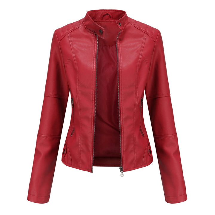 Chic women's faux leather biker jacket, slim fit, with silver hardware details, versatile outerwear