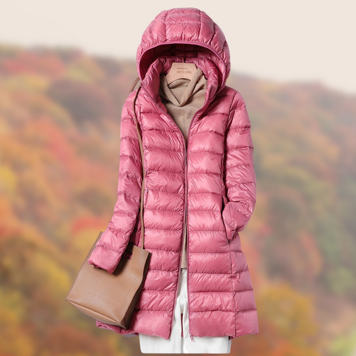Stylish women's slim-fit puffer jacket in a vibrant color, perfect for fall and winter