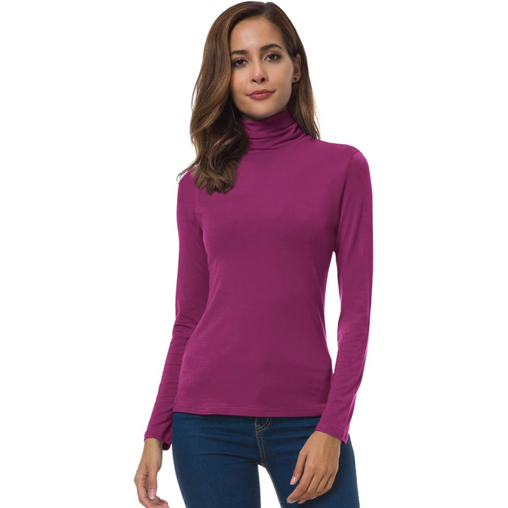 Women's fashion top: a flattering slim fit turtleneck with long sleeves.