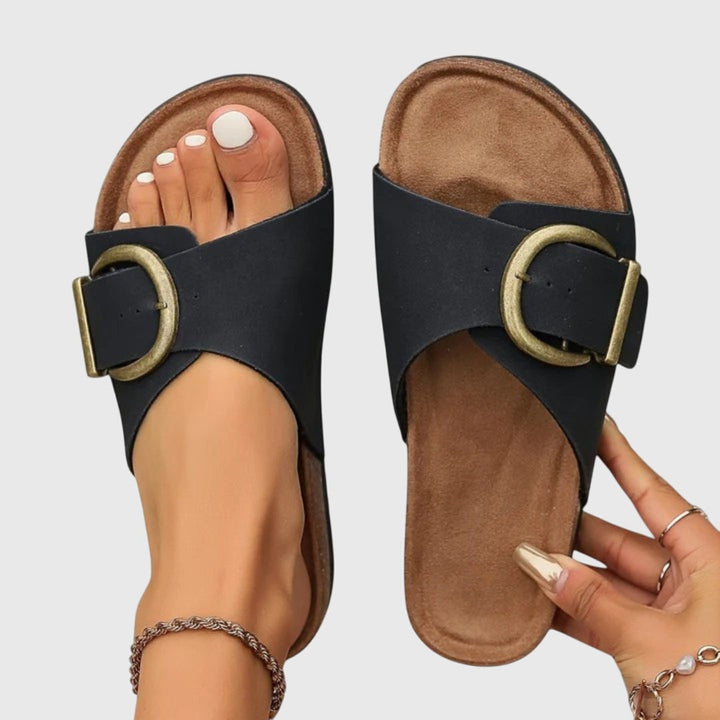 Women's slip-on orthopedic sandals with arch support for all-day comfort, ideal for walking and travel.