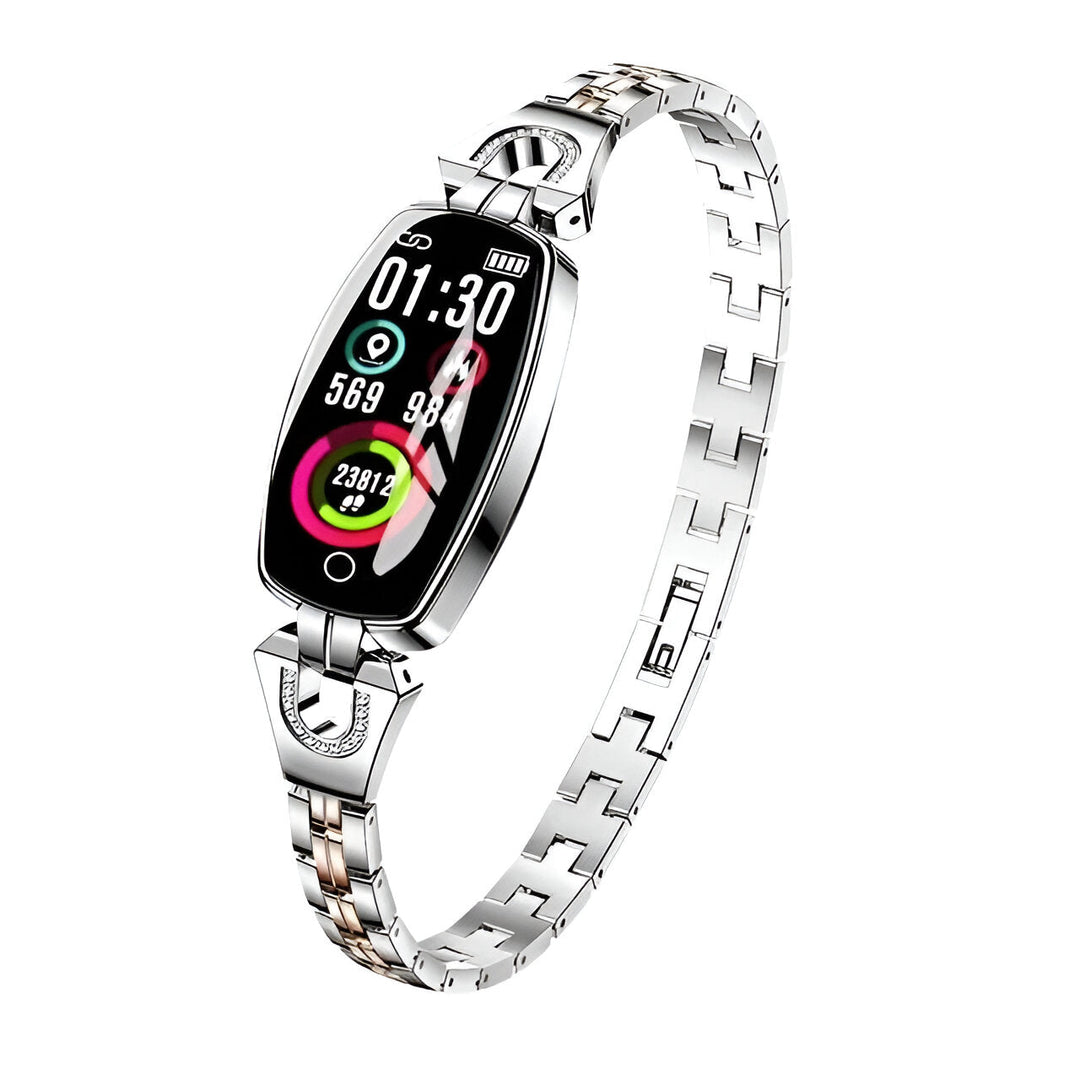 Women's smart fitness tracker with heart rate monitor, activity & sleep tracking for active lifestyles.