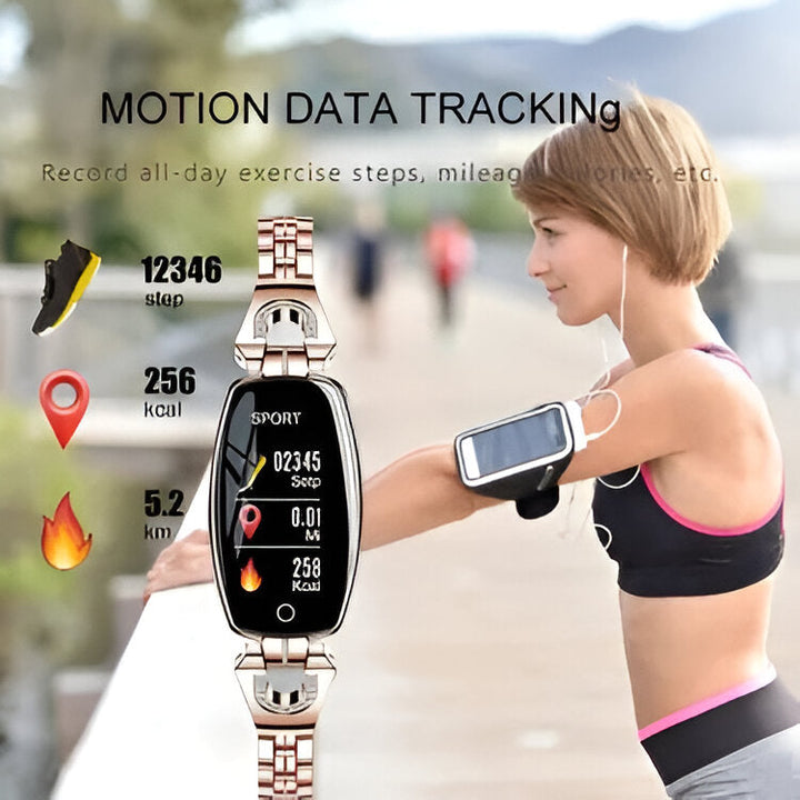 Elegant women's health bracelet & smart activity tracker with heart rate monitoring & fitness features.