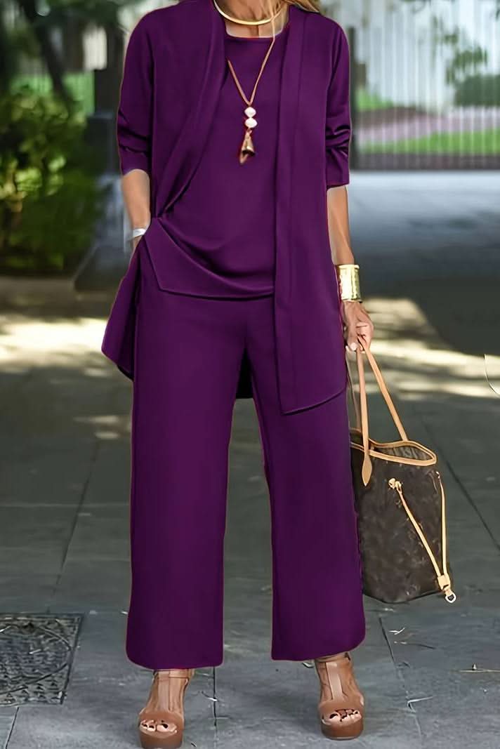 Woman wearing a comfortable 3-piece summer lounge set. Ideal for casual, vacation, and resort wear.