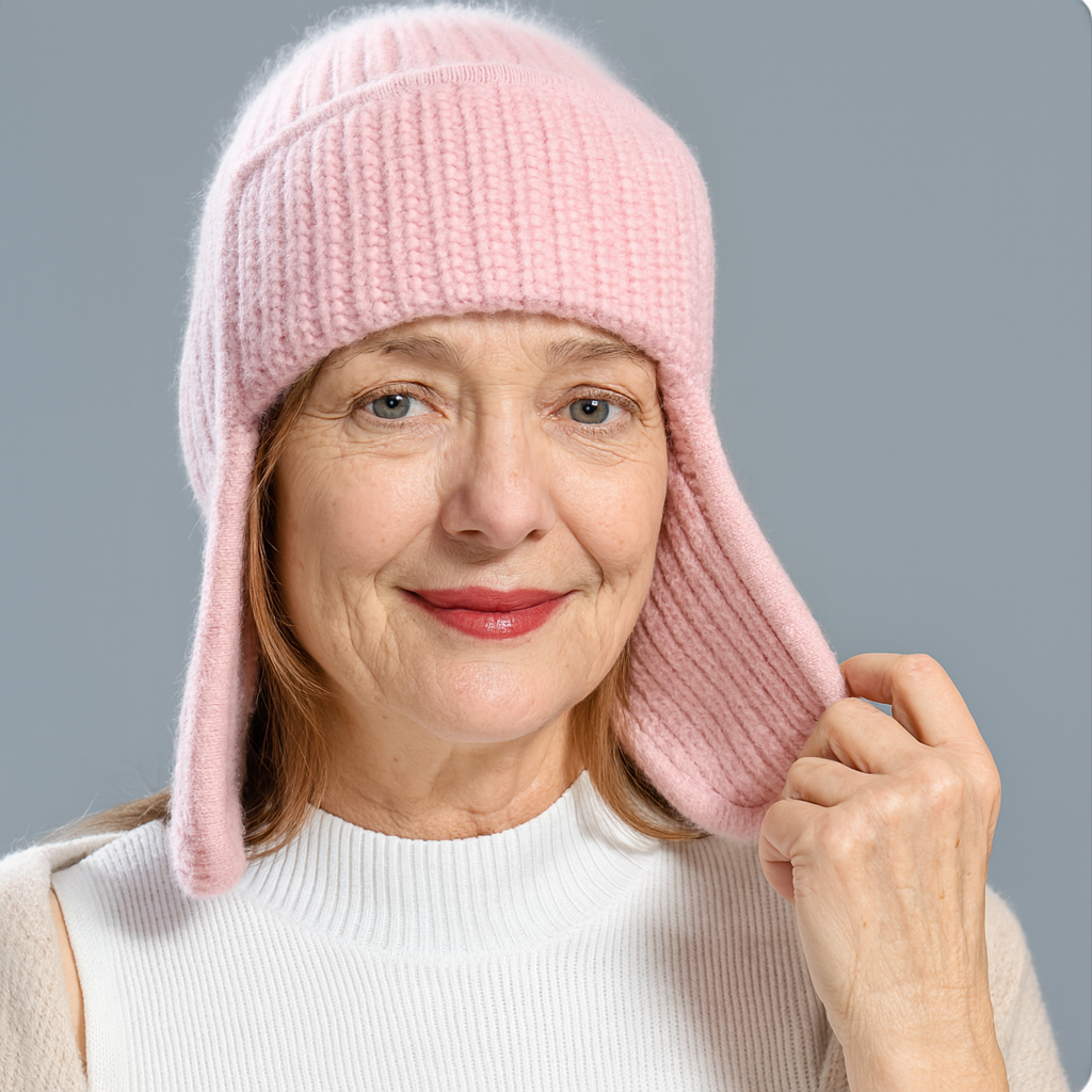 Women's soft cashmere blend beanie hat in a neutral color, perfect for winter warmth and style.