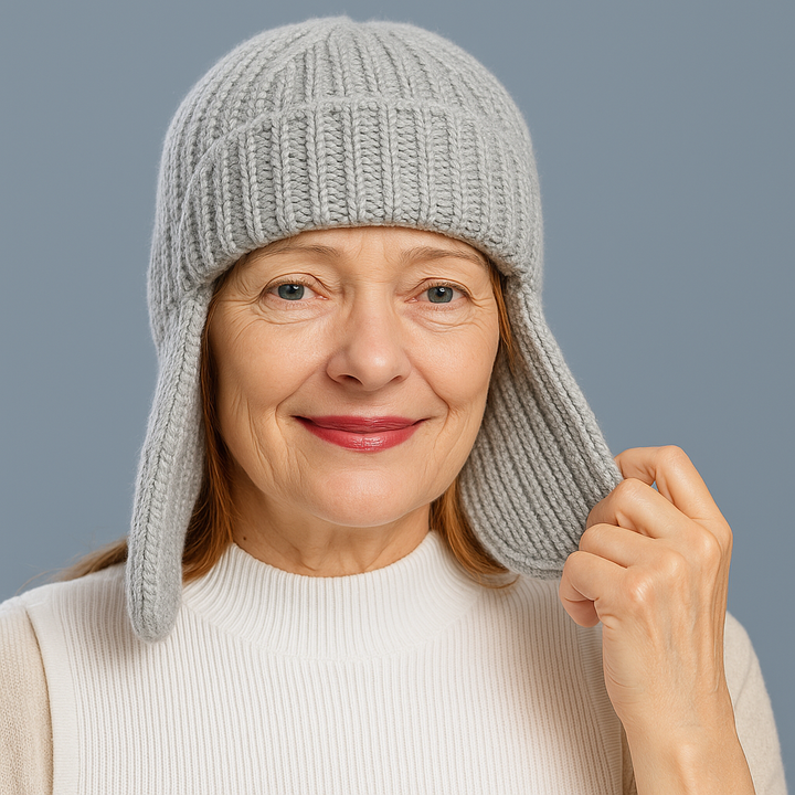 Luxury women's knit beanie with cashmere blend, featuring a snug fit for cold weather protection.