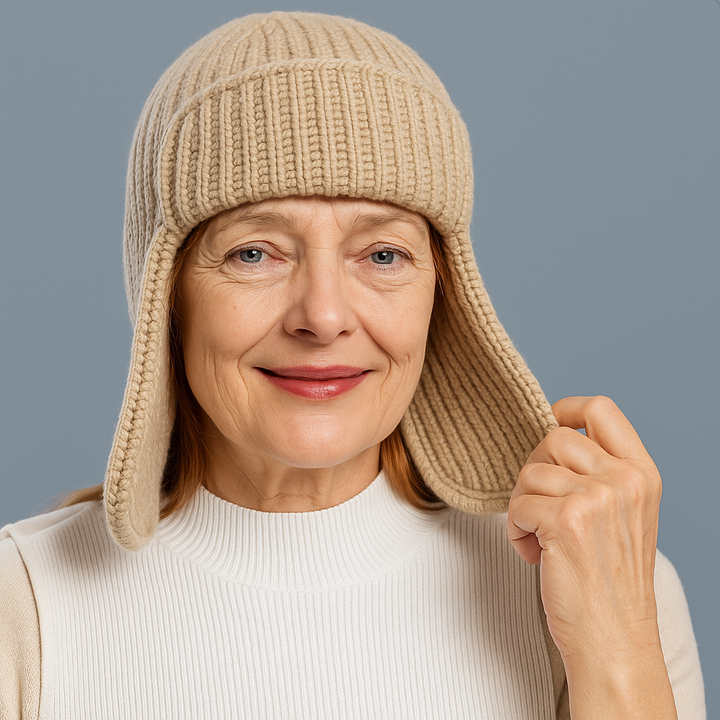 Side profile of a women's earflap-style cashmere blend beanie, ideal for cold weather.
