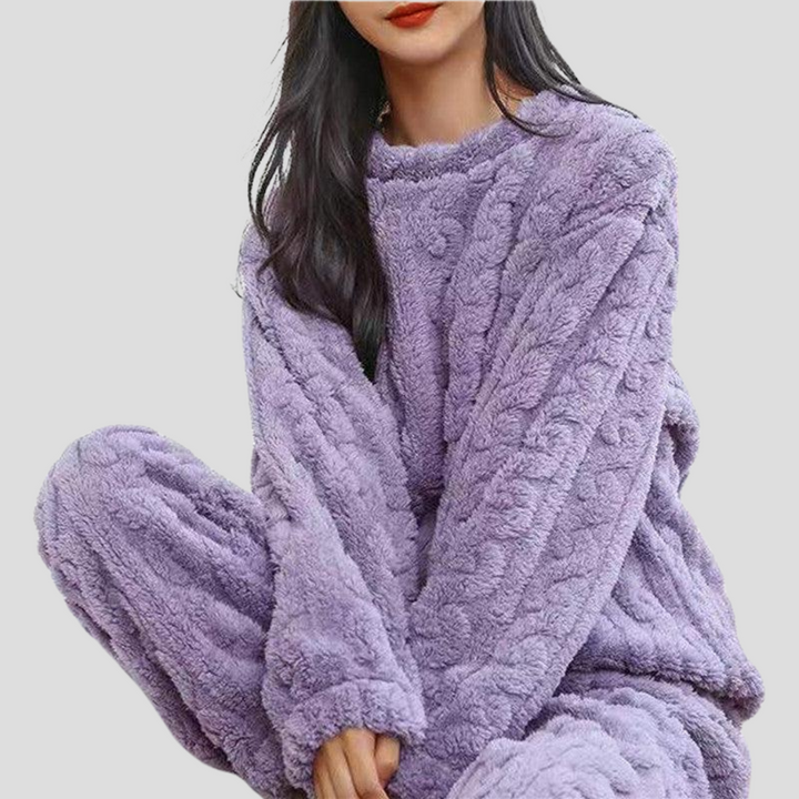 Stylish women's fleece pajama set. Comfortable two-piece loungewear for warm winter nights.