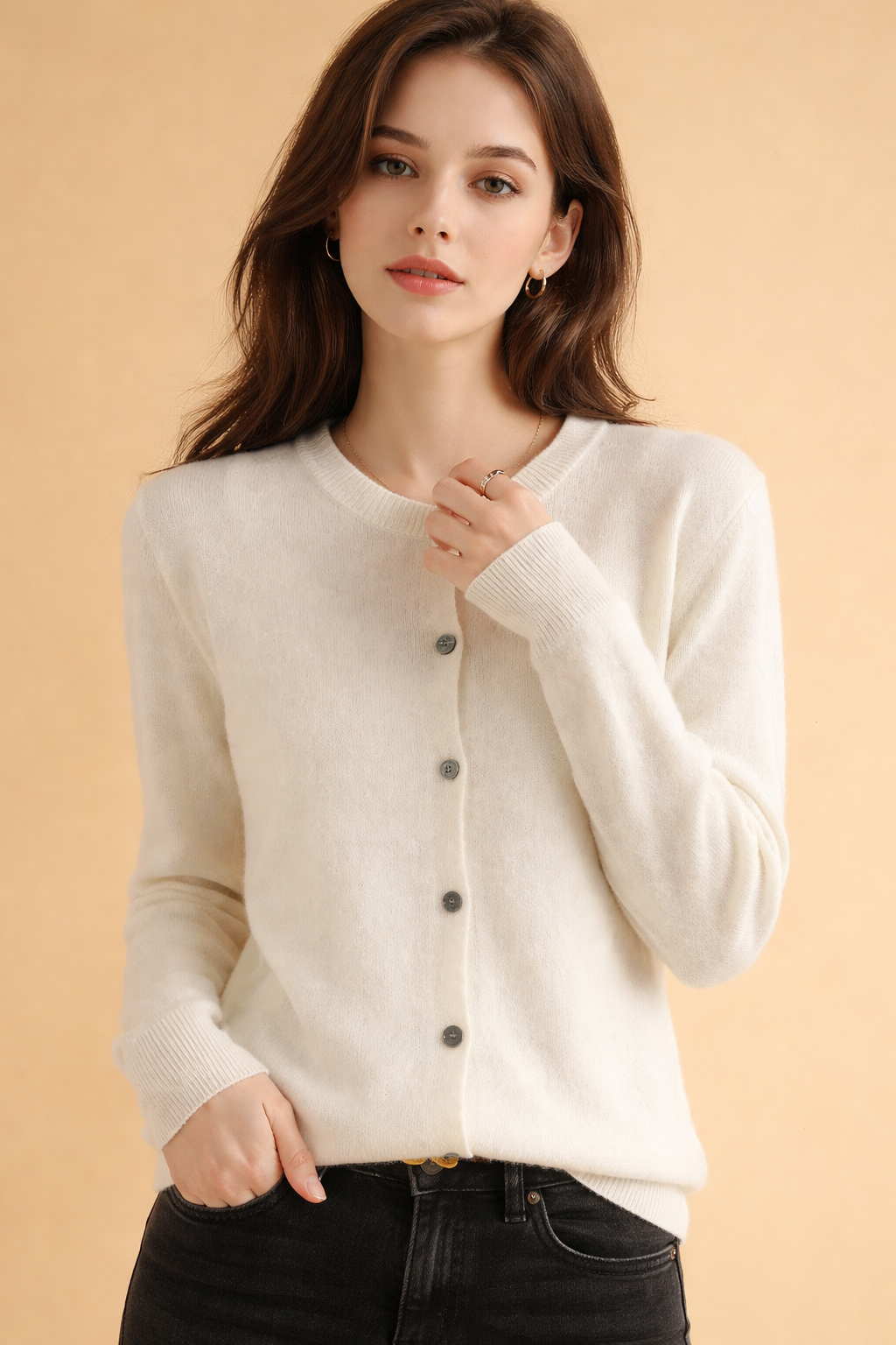 Cozy women's knit cardigan for layering. Featuring a button-front design, great for casual or smart fashion.