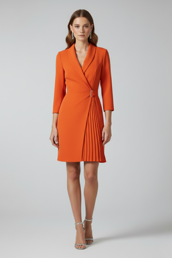 Elegant women's business casual blazer dress with a classic notched collar, suitable for office wear.