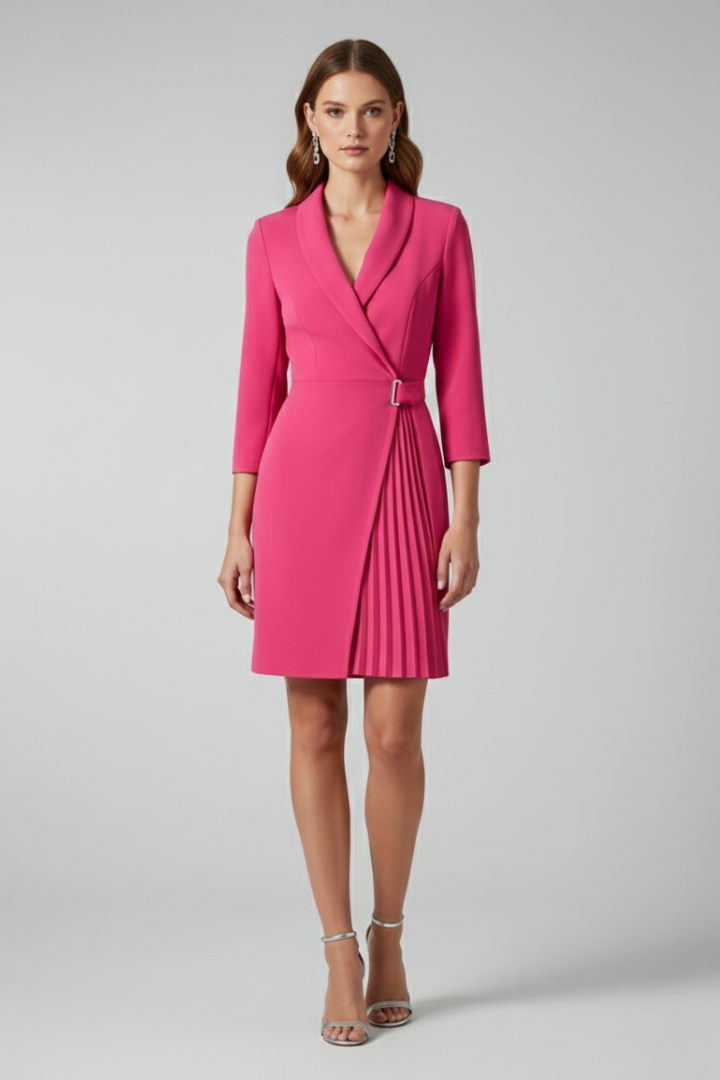 Sophisticated women's long sleeve blazer dress, combining a sharp notched collar with an elegant silhouette.