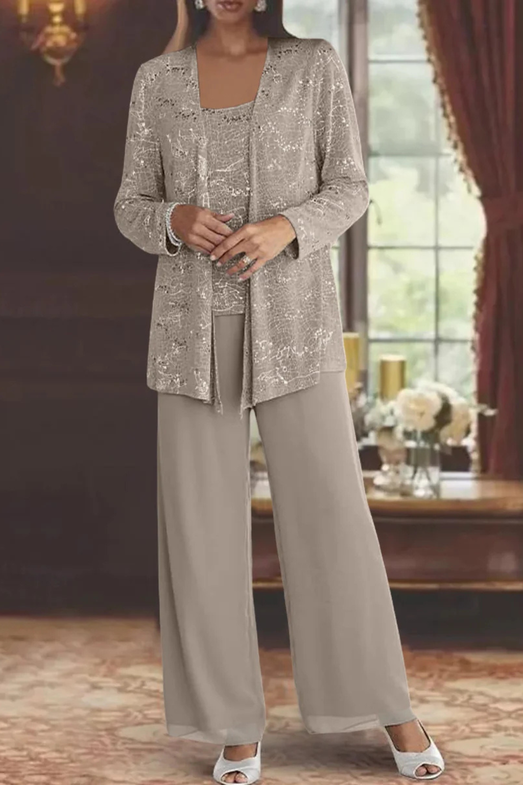 Luxurious women's sequin three-piece pant set, featuring a dressy cardigan for upscale events.