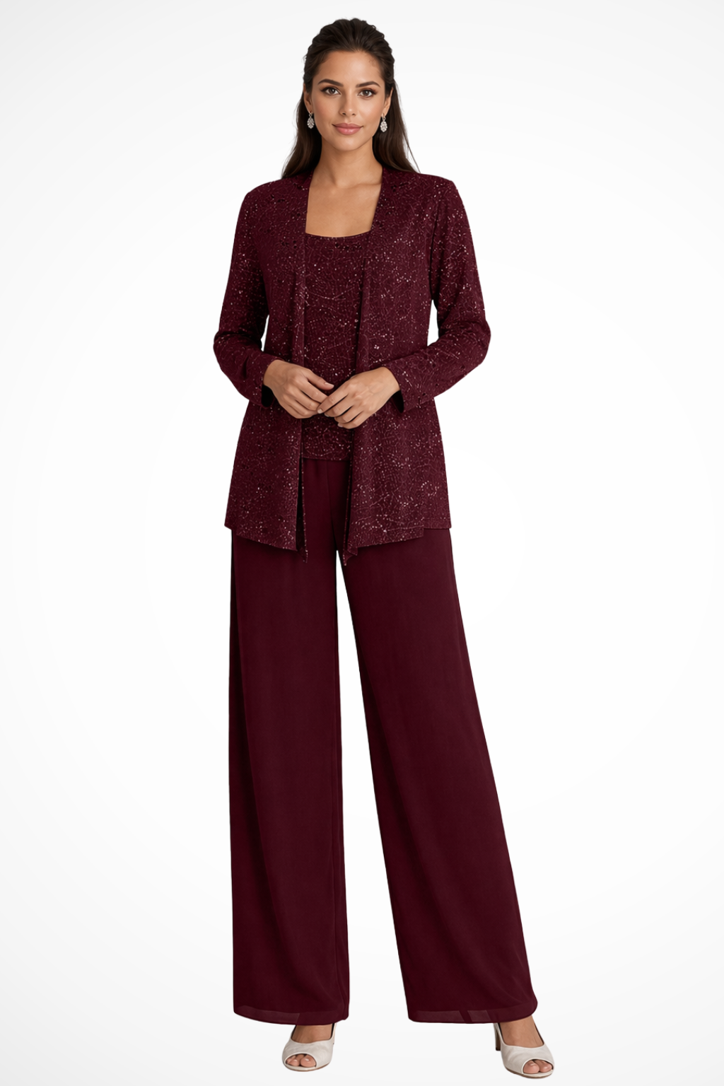 Complete women's sequin party outfit: 3-piece pant set with elegant top, cardigan, and wide-leg pants.