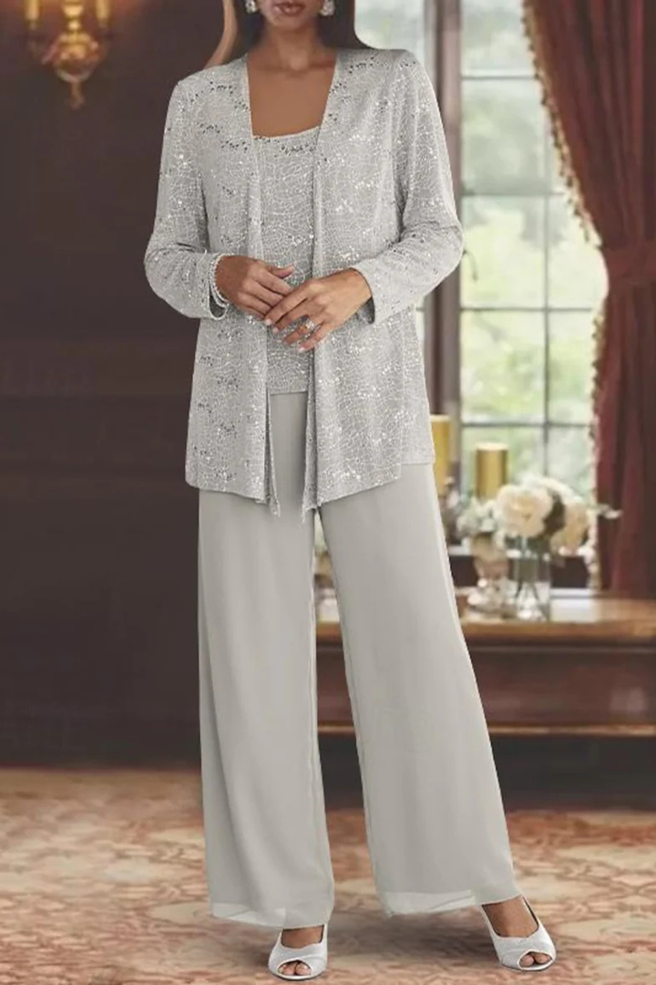 Elegant women's sequin cardigan, top & wide-leg pant set, perfect for parties & special occasions.