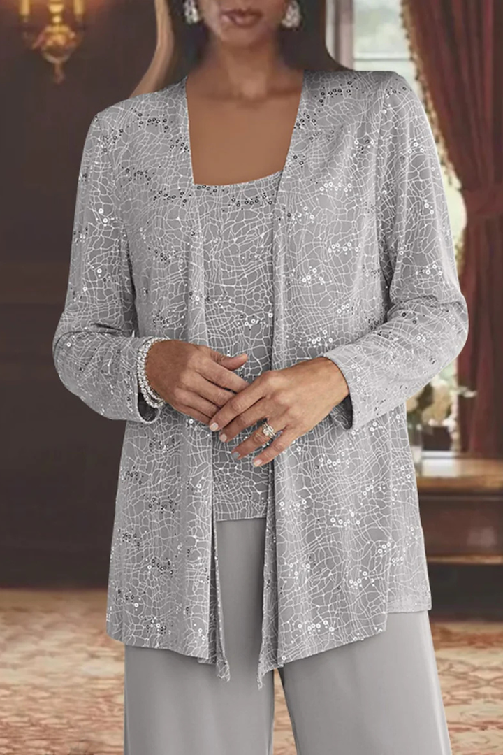 Glamorous women's sequin matching set: dressy cardigan, cami, & wide-leg pants for evening wear.