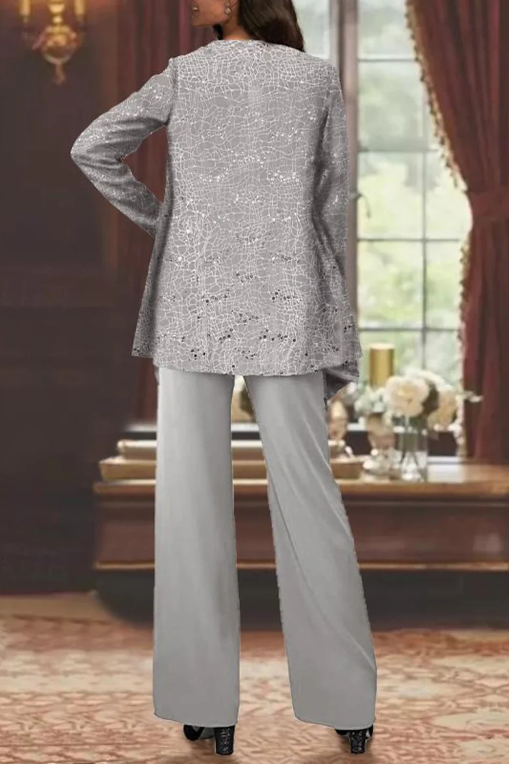 Shimmering sequin 3-piece pant set for women, featuring a sophisticated top, cardigan, and pants.