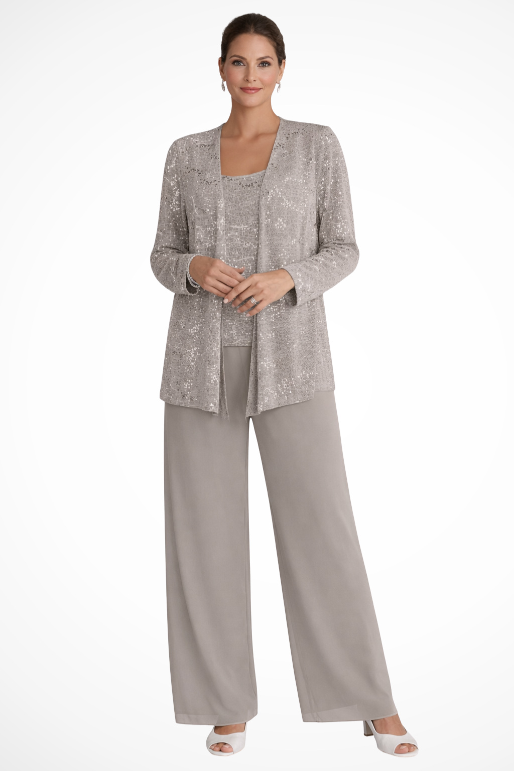 Dazzling women's sequin evening wear pant set, a glamorous 3-piece outfit for formal events.