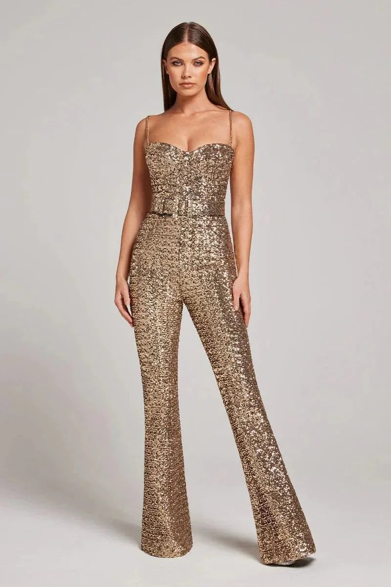Glamorous women's white glitter two-piece jumpsuit set with belt, ideal for special occasions.