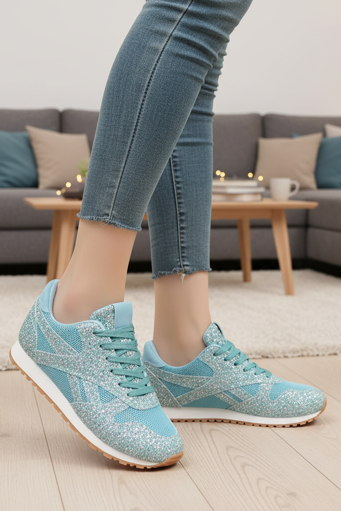 Top view of women's sparkling glitter sneakers, showcasing dazzling comfort, trendy style & everyday fashion.