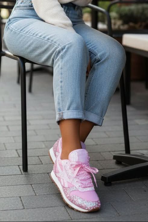 Side profile of women's shimmering glitter sneakers, offering casual comfort & fashion-forward style.