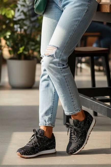 Women's fashion sneakers with sparkling glitter, styled for trendy athleisure & casual comfort.