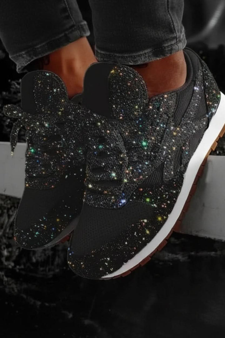 Pair of women's dazzling glitter sneakers, ideal for casual comfort, trendy fashion & everyday walking.