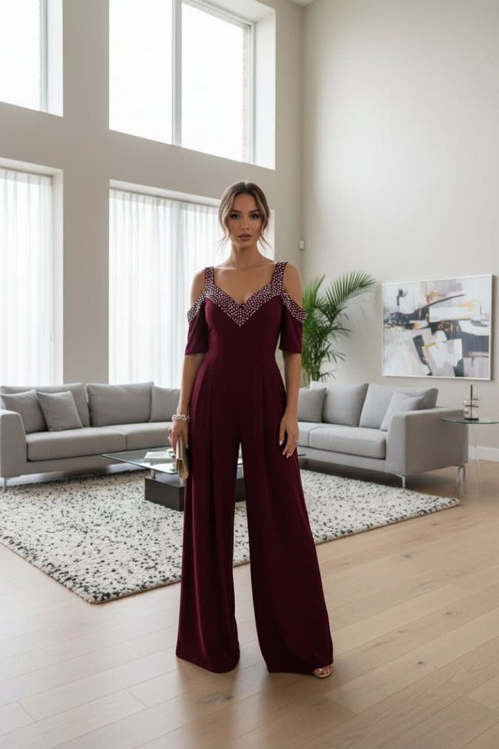 Stunning women's rhinestone jumpsuit for cocktail parties, formal events & glamorous evening wear.
