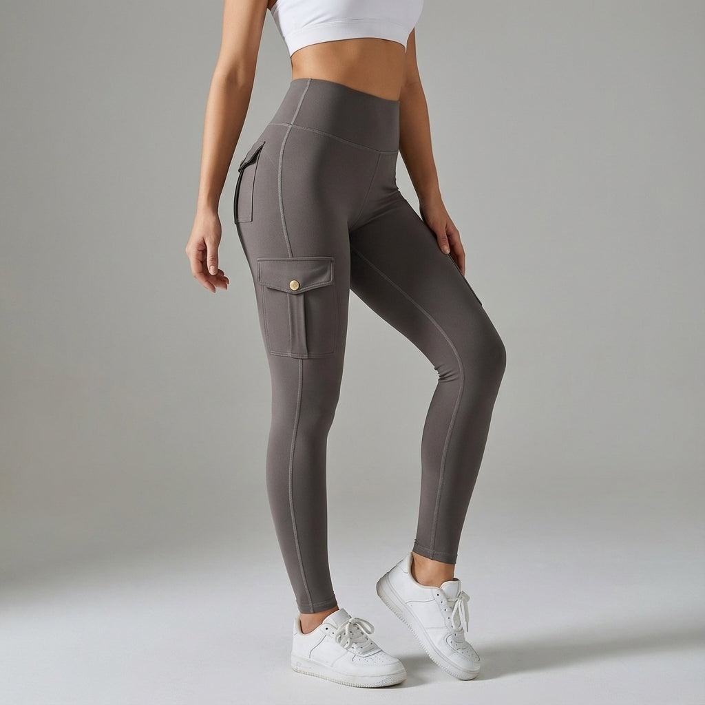 Comfortable, stretchy women's cargo leggings with pockets, designed for all-season gym wear & active lifestyles.