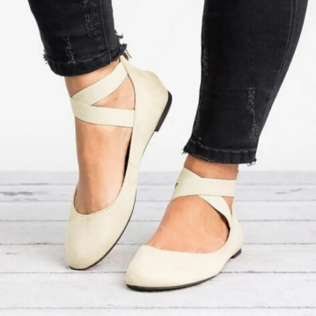 Women's spring ballet flats with elegant cross-straps, perfect for casual or dress wear, comfortable everyday shoe.