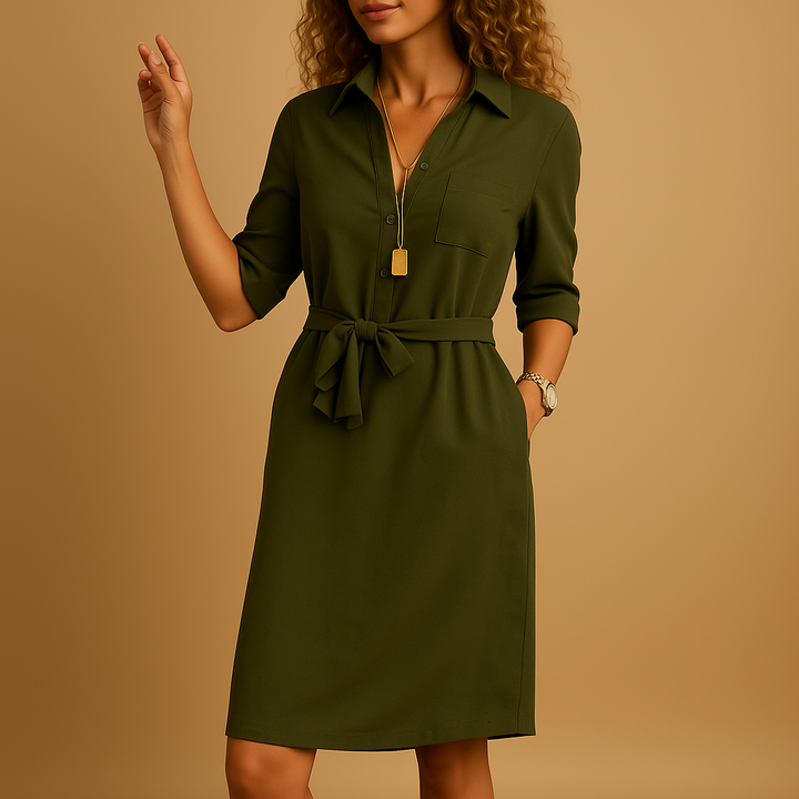 Chic women's spring shirtdress with a cinched waist belt and full button-down front, ideal for daytime.