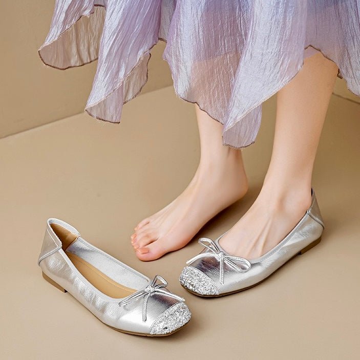 Elegant women's square toe ballet flats with bow detail, ideal for dress or casual wear.