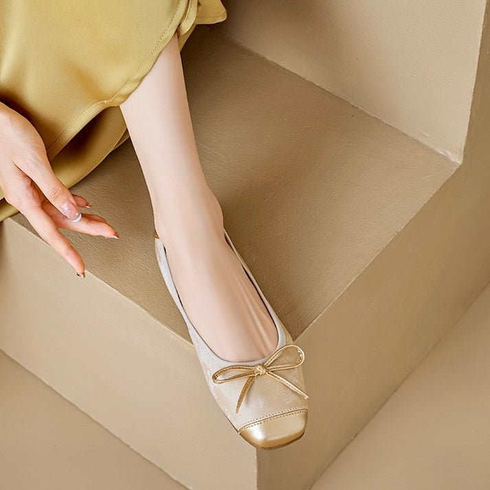 Versatile women's square toe ballet flats with a bow, great for office or casual outings.